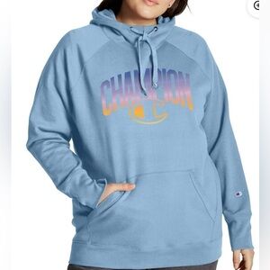 Champion Light Blue Hoodie with Sunset Gradient Logo